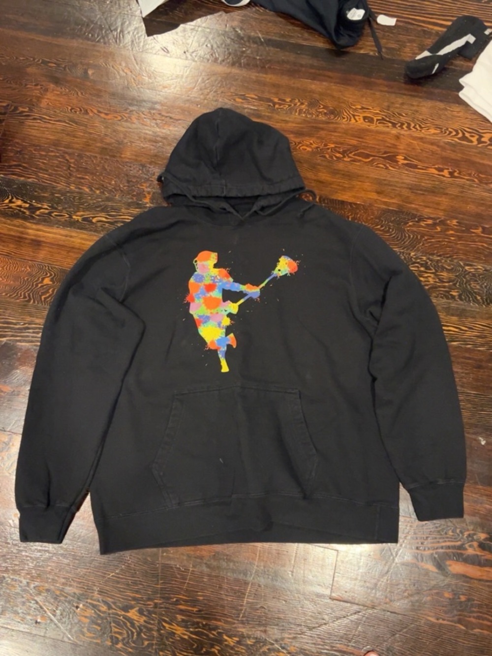 Black Pullover Hoodie with Colorful Graphic - Men's Sweater
